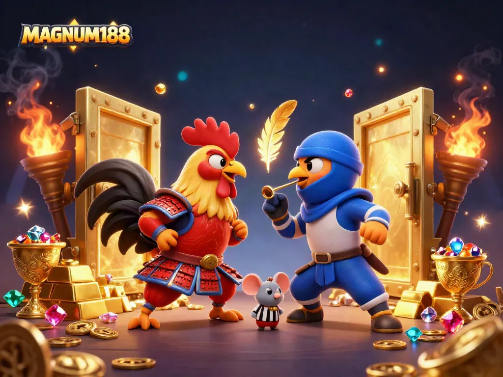 Engage with MAGNUM188 in an epic showdown of cartoon roosters amidst gold treasure.