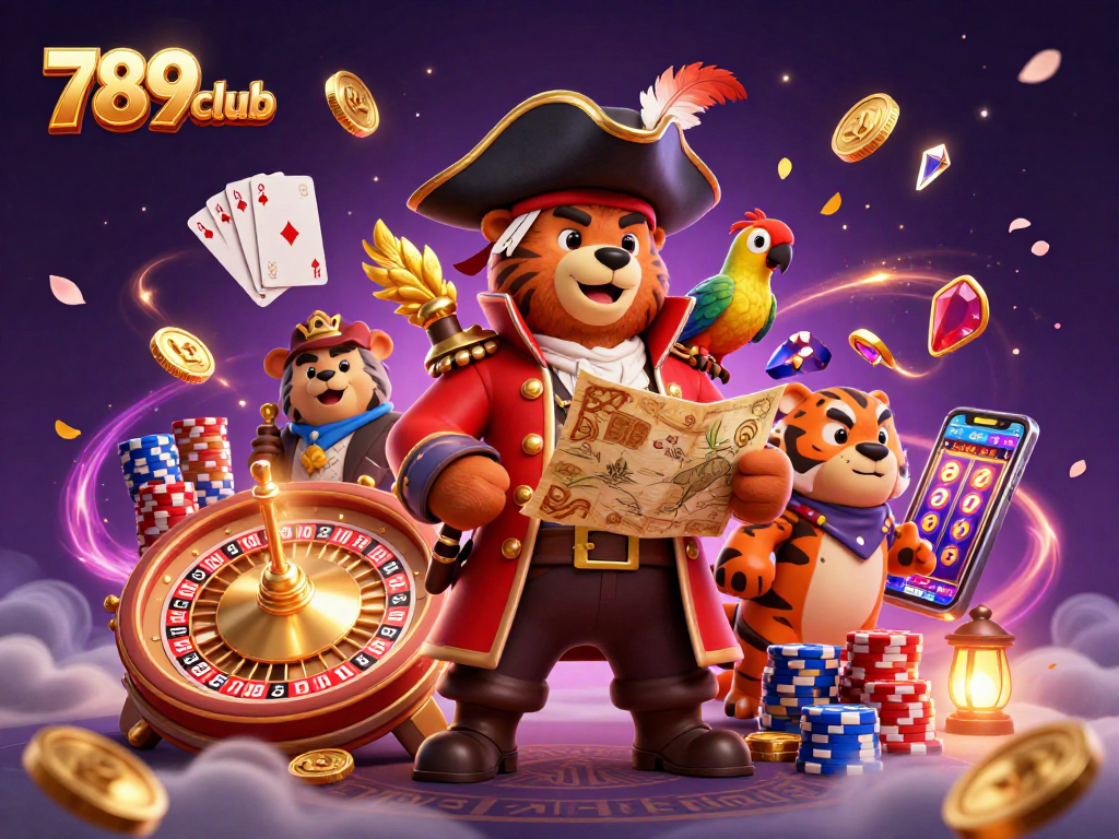 Experience thrilling casino adventures with 789club's vibrant 3D illustration of a pirate bear and tiger.