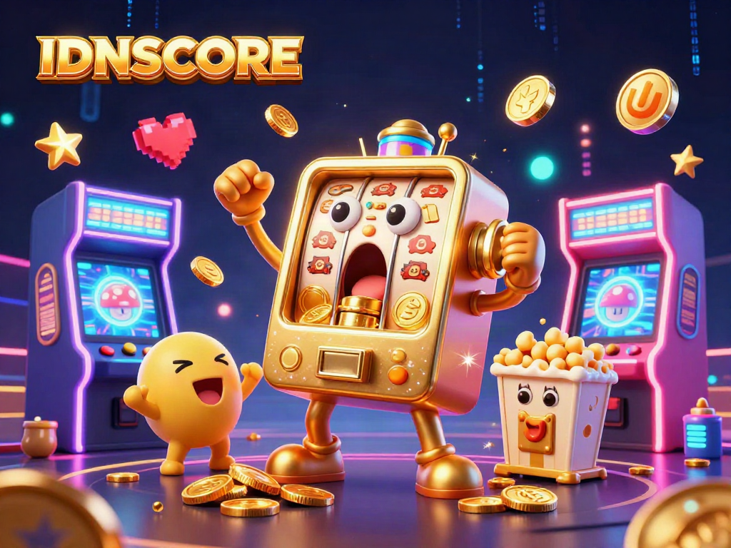 Experience the excitement of IDNSCORE with a golden slot machine hitting a jackpot, surrounded by dynamic game elements.