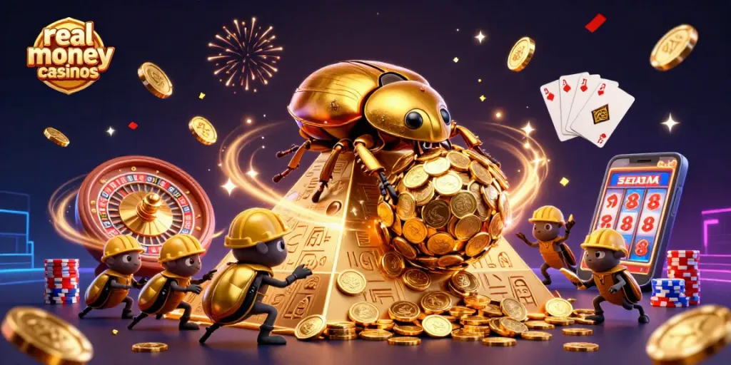 Experience the excitement of real money casinos with joyous cartoon beetles and casino symbols