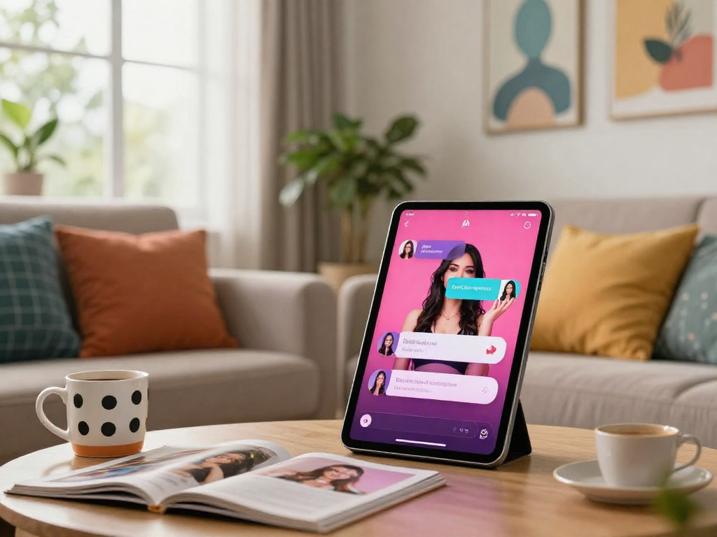 Engaging scene of a user enjoying ai porn chat on a digital device in a cozy living room.