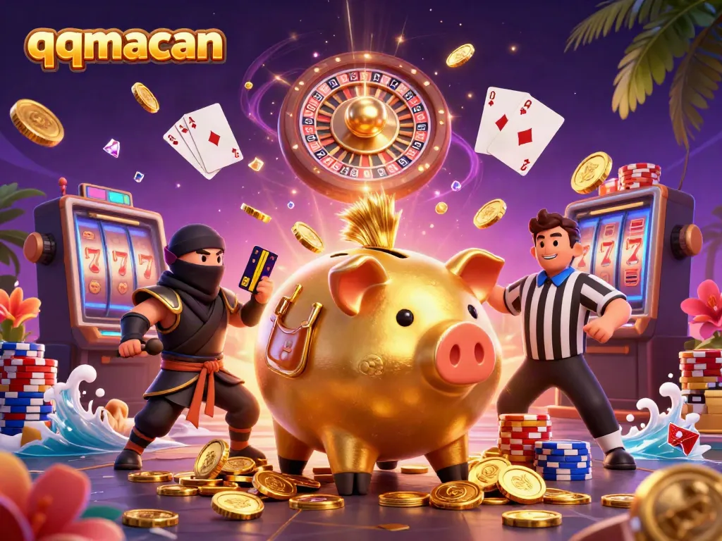 Engage with qqmacan as the golden piggy sumo wrestler stomps to unleash coins and gems in a vibrant casino scene.