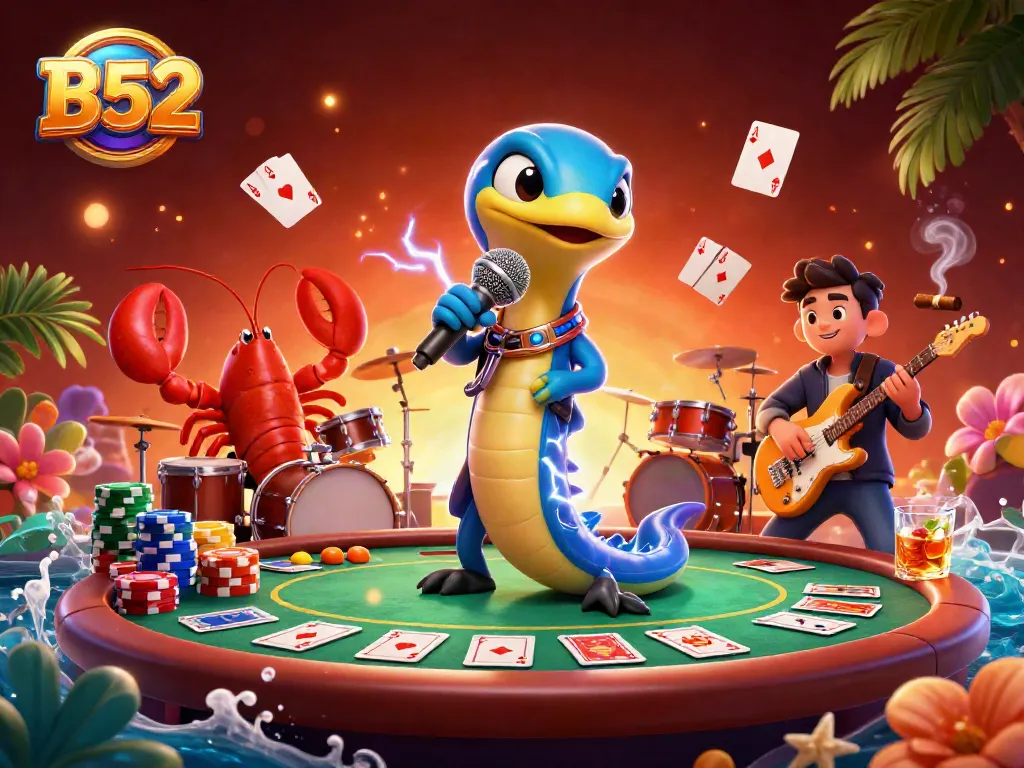 Experience vibrant B52-themed underwater casino with an electric eel DJ and lively atmosphere.