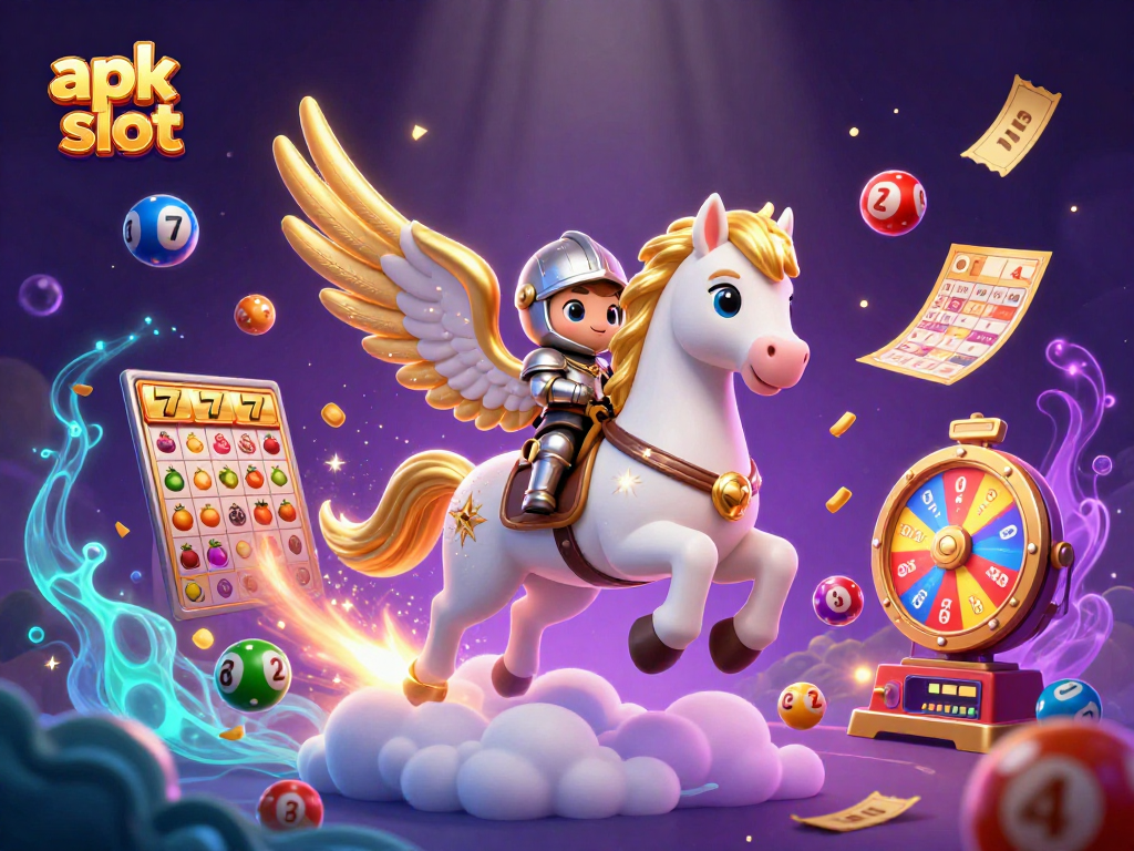 Temukan apk slot yang menakjubkan dengan simbol slot dan jackpot bersinar dalam ilustrasi 3D yang meriah.