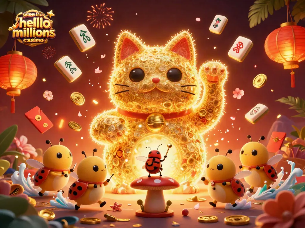 Experience the excitement of sites like hello millions casino with a vibrant 3D illustration of lucky symbols and coins.