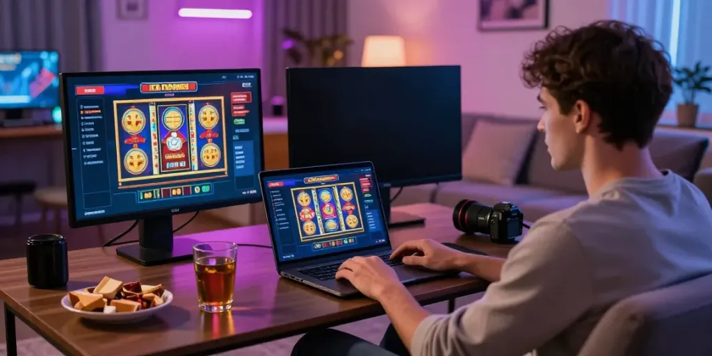 Spieler im Ice Casino Österreich, der in einem modernen Wohnzimmer online spielt und Spaß hat.