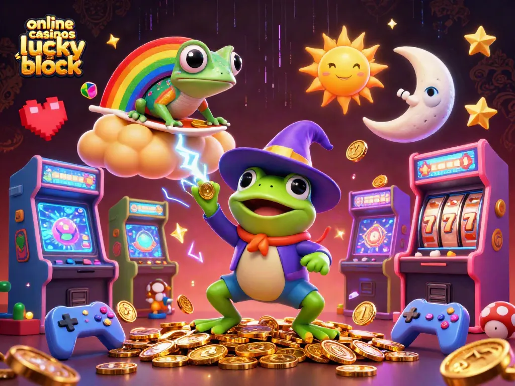 Explore online casinos like lucky block with exciting game elements, coins, and vibrant characters in action.