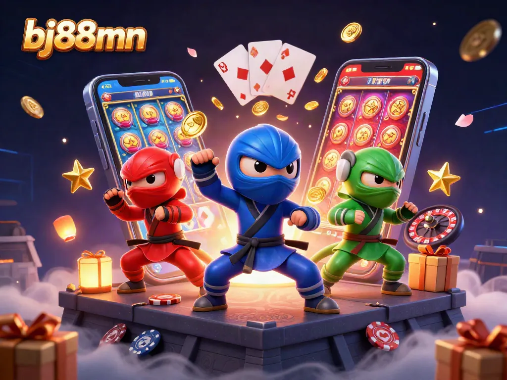 Bj88mn showcases chameleon ninjas in action amidst vibrant casino elements for an engaging experience.