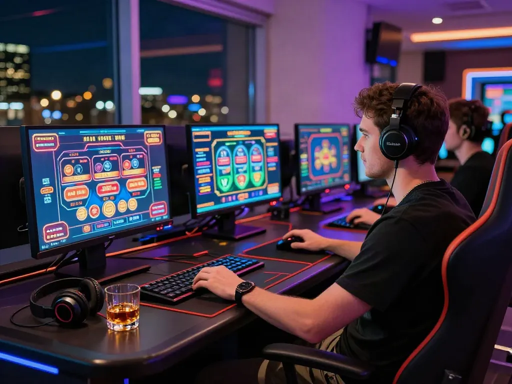 Immersive gaming experience at non UK casinos with vibrant screens, stylish gaming setup.