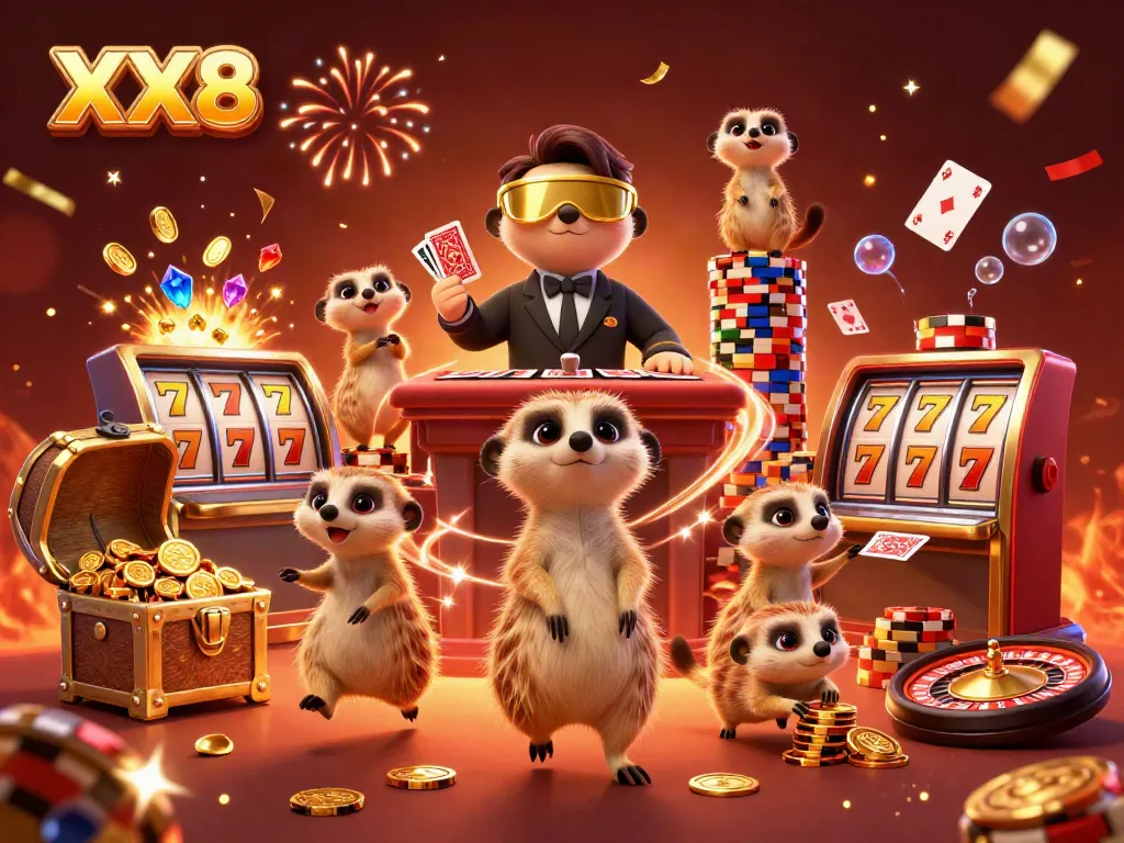 Meerkats illustrate a vibrant casino scene with XX8 elements, showcasing card games and slot machines.