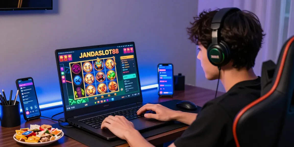 Pemain antusias menikmati permainan slot di JANDASLOT88 dengan laptop dan grafik permainan berwarna-warni.