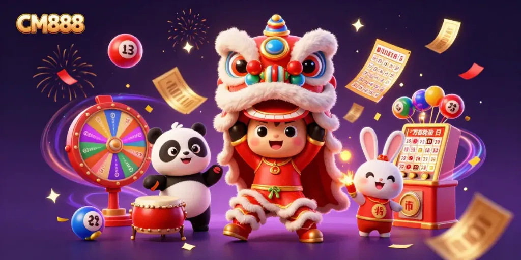 Celebrate wins with CM888 in this lively casino illustration depicting games and festive characters.