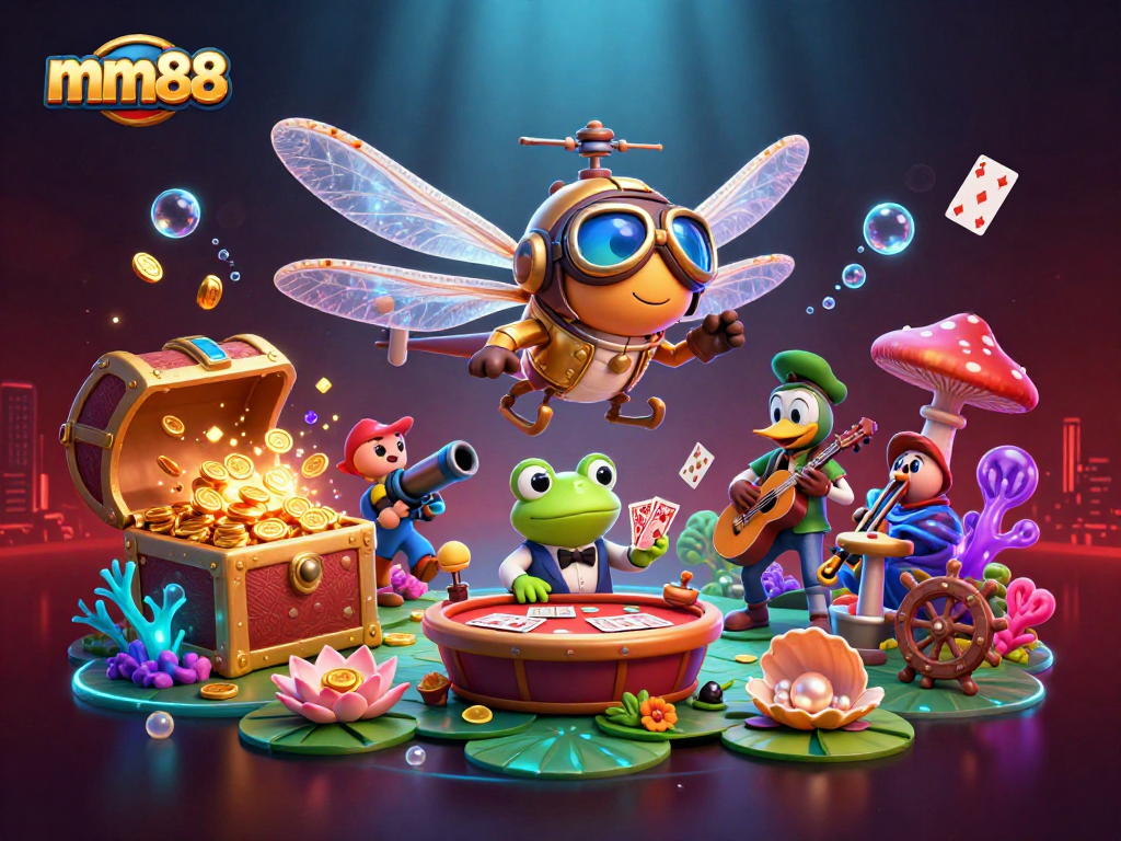 Experience exciting gameplay at mm88 with this vibrant casino illustration featuring a dragonfly pilot and more.