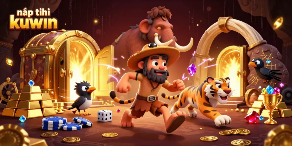Nạp tiền kuwin easily with a captivating dinosaur casino scene featuring gleaming gold and vibrant jewels.