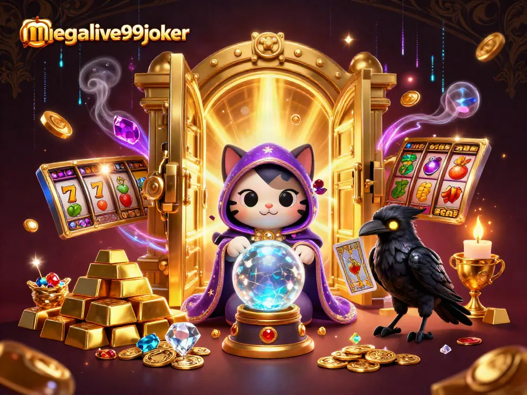 Visualisasikan momen mendebarkan di megalive99joker dengan kucing misterius, burung gagak, dan elemen permainan slot yang menakjubkan.