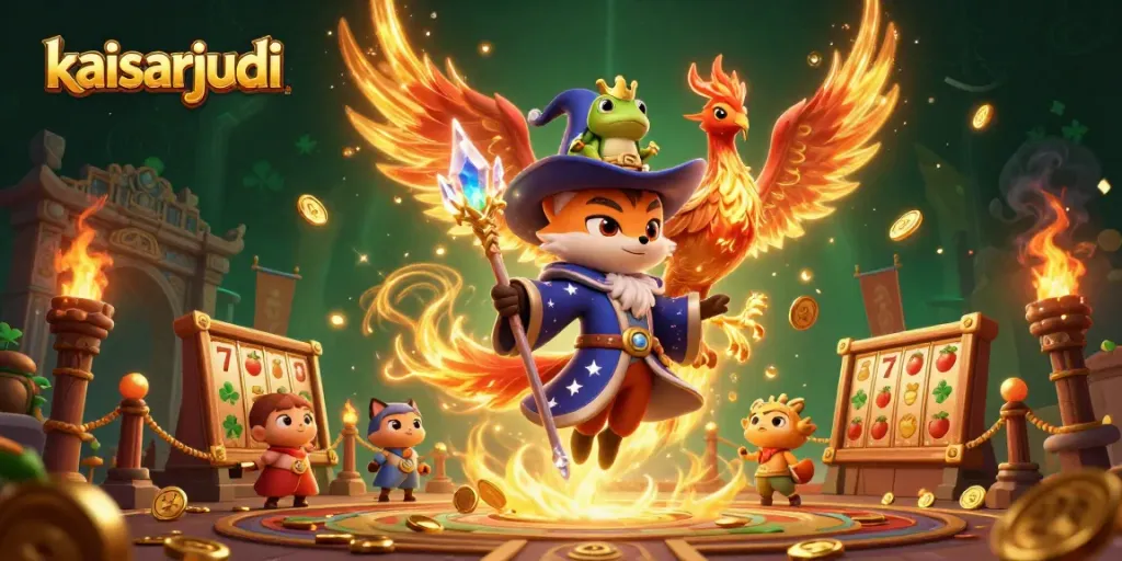 Engage with kaisarjudi in this vibrant 3D illustration featuring a mystical fox wizard and a phoenix.