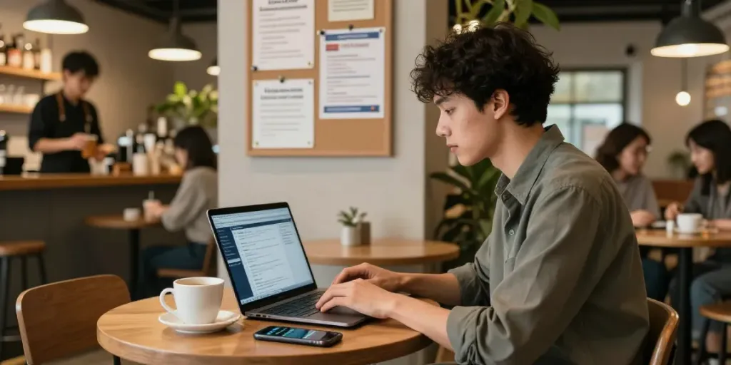 Job seekers finding job opportunities while หางาน in a modern cafe.