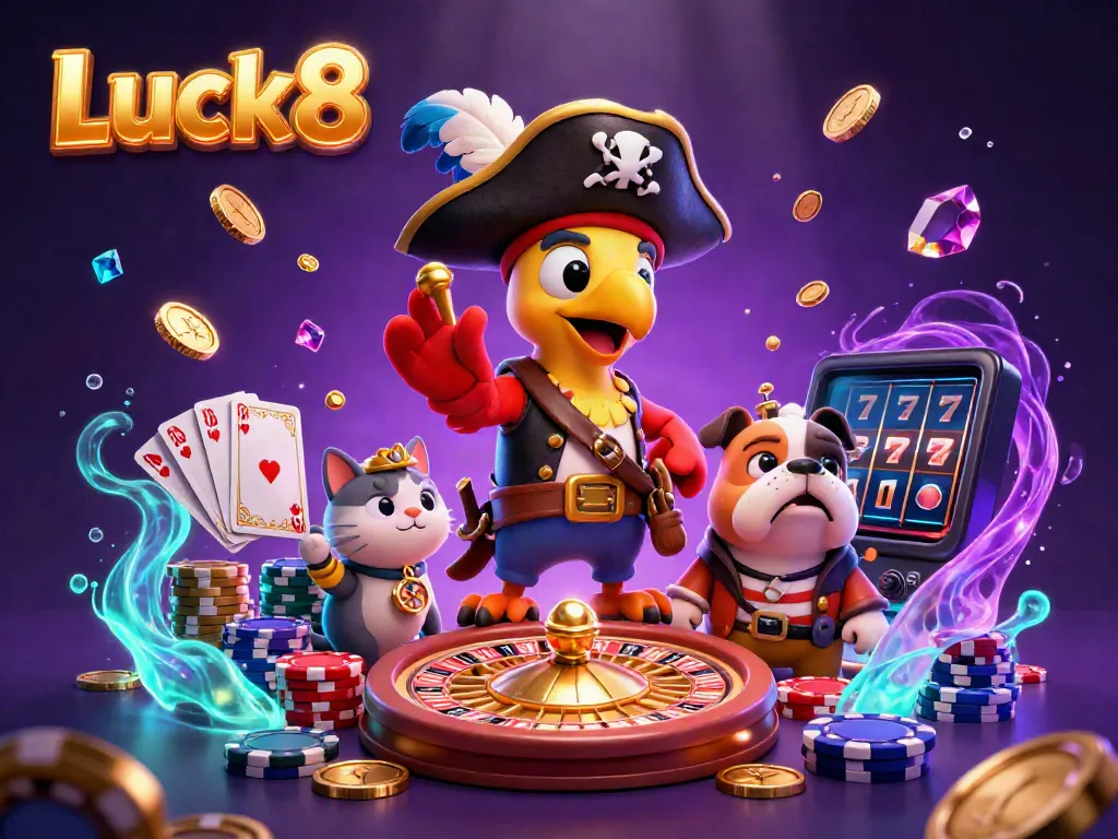 Experience thrilling gameplay at Luck8 with a vibrant 3D pirate scene filled with coins, cards, and casino excitement.
