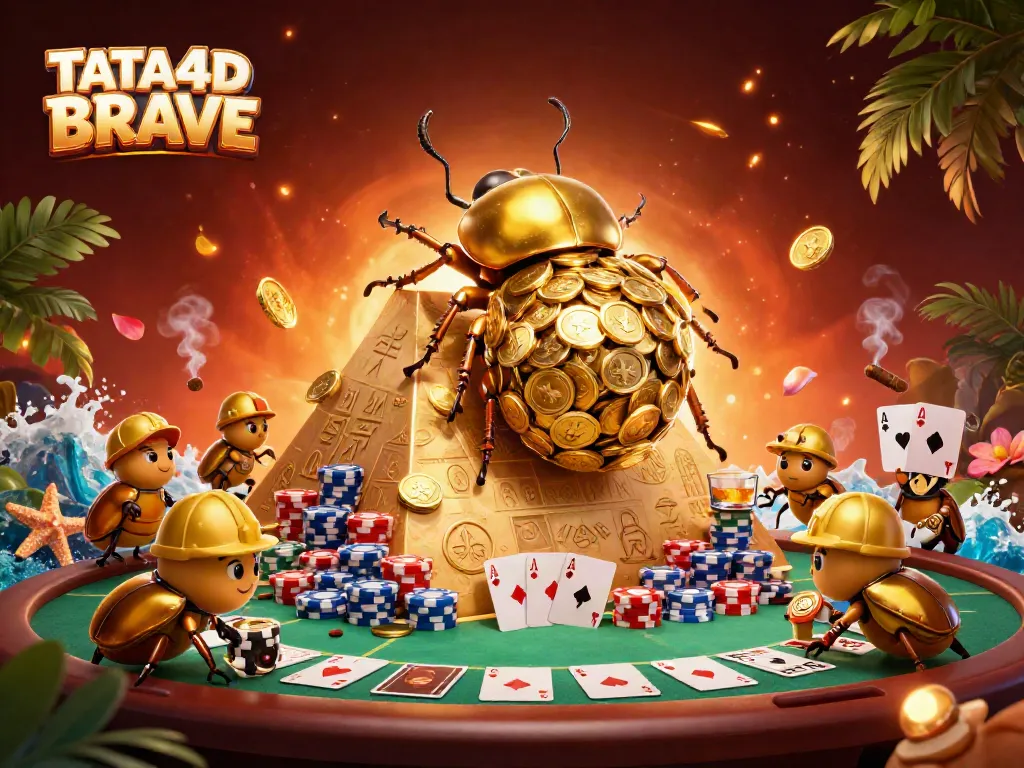 Experience TATA4D BRAVE as cartoon beetles triumphantly navigate a casino-inspired tableau.