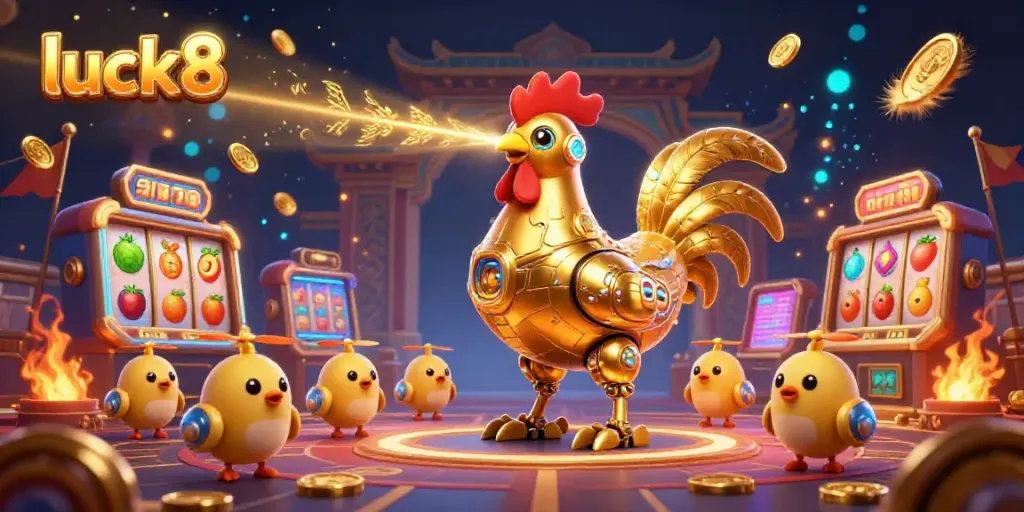 Experience the thrill of luck8 with a vibrant casino scene featuring a golden rooster robot and slot machines.
