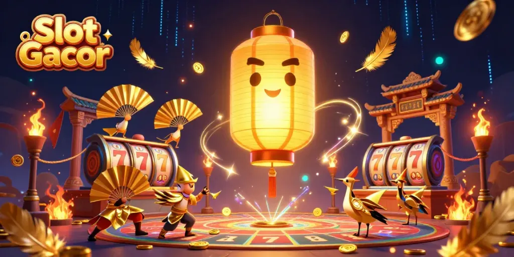 Experience the excitement of Slot Gacor with glowing lantern spirits and dynamic casino elements in a vibrant 3D illustration.