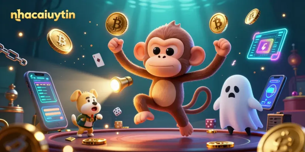 Win big with nhacaiuytin in a haunted casino, featuring ghostly elements and crypto coins.