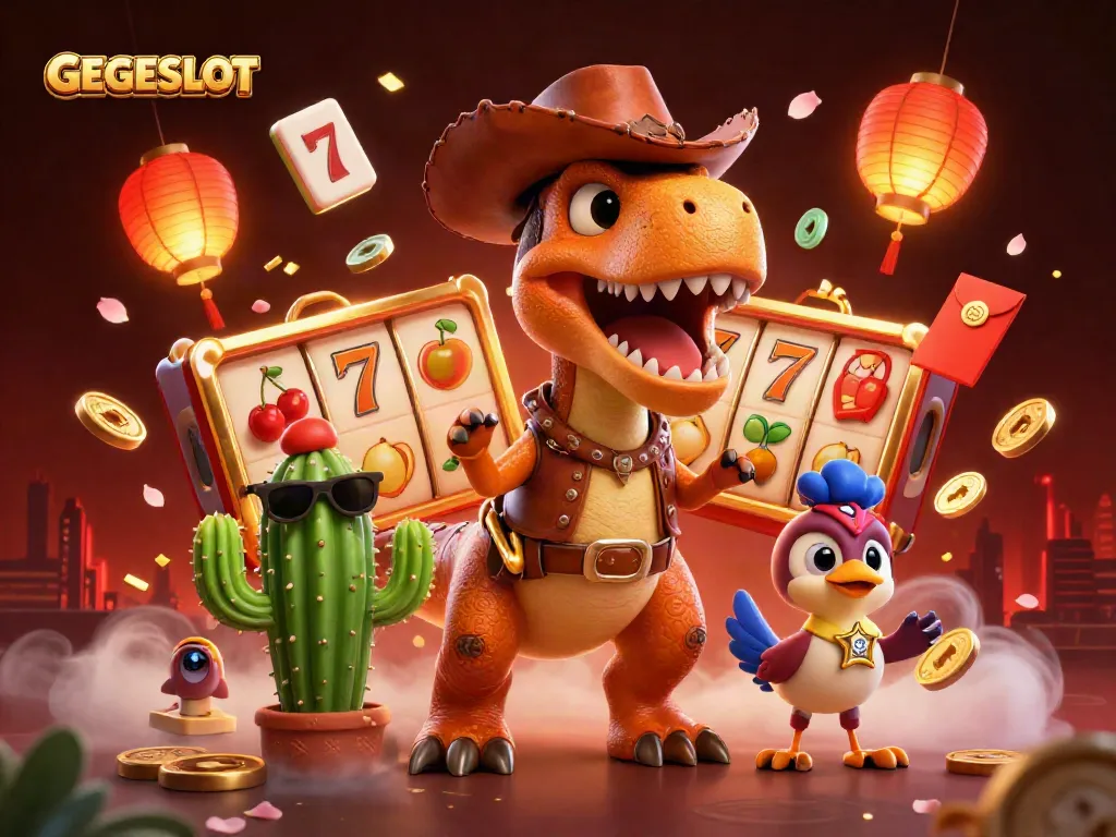 Spin and win with GEGESLOT's dynamic casino scene featuring T-Rex and sparkling symbols.