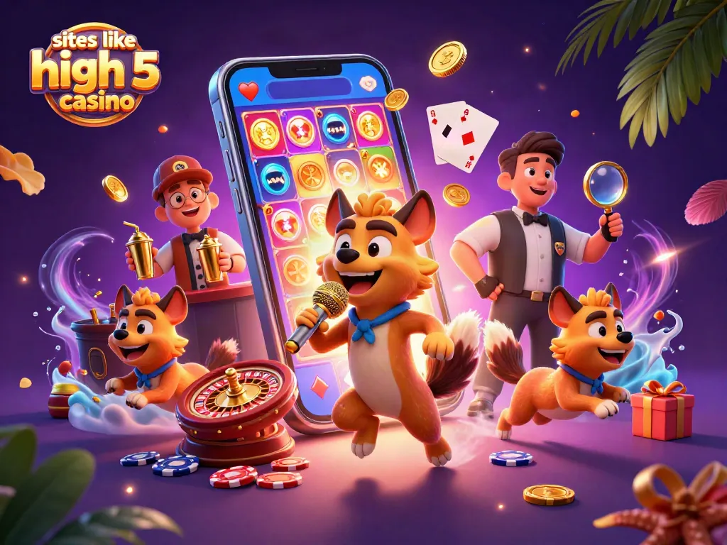 Engage with sites like high 5 casino through a vibrant casino scene featuring playful hyenas.