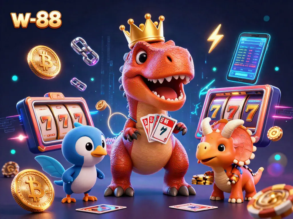 w-88 captivates players with a vibrant cartoon casino scene featuring a T-Rex card shuffling.