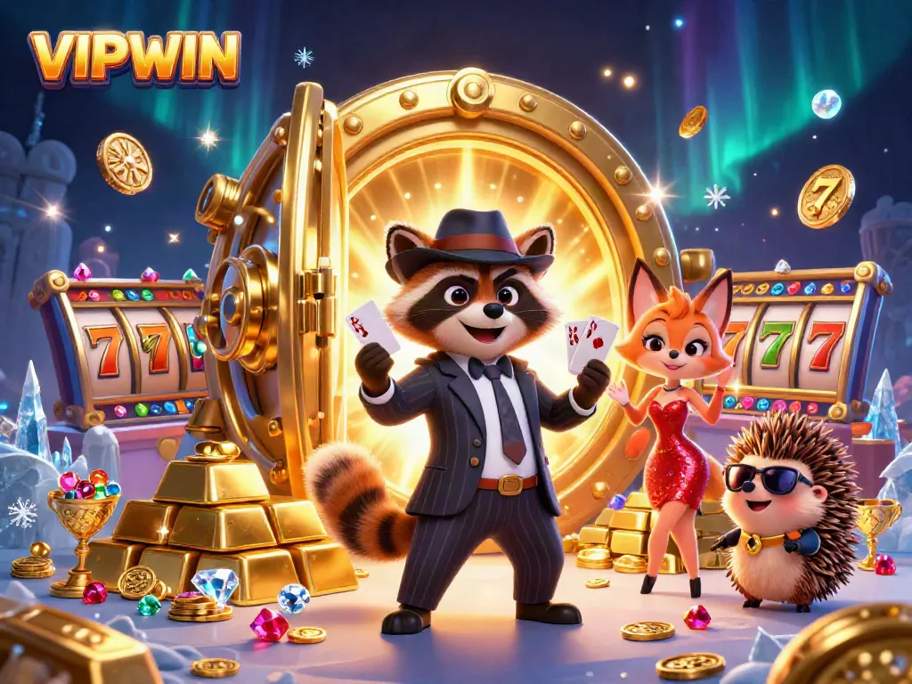 Experience VIPWIN with a raccoon, fox, and hedgehog at a 3D casino, highlighting jackpots and riches.