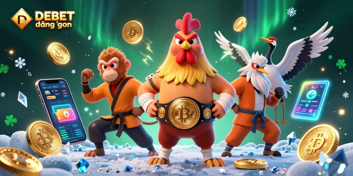 Access and win with DEBET đăng nhập at this vibrant, dynamic casino-themed illustration featuring martial artists.