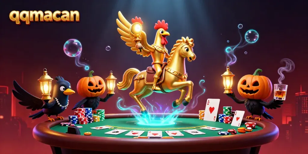 Experience the thrill of qqmacan with a golden rooster in an enchanting casino scene.