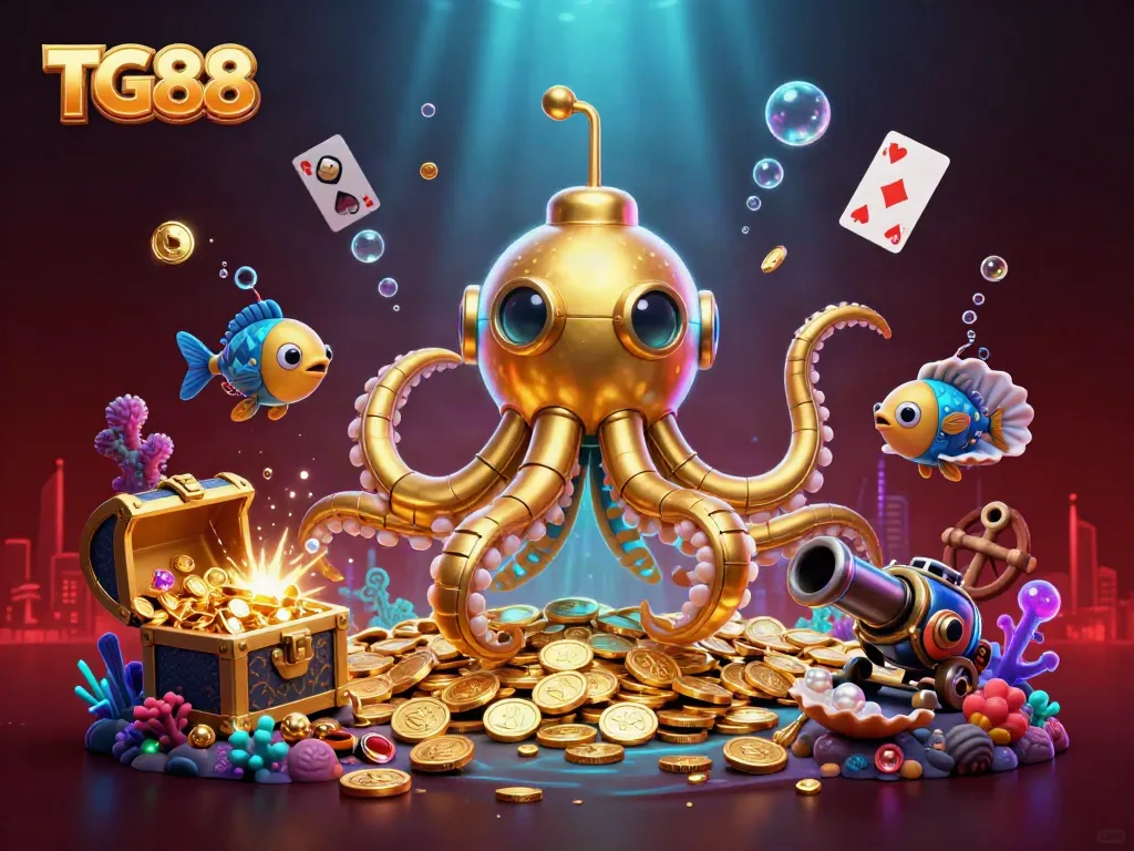 Experience thrilling gameplay at TG88, where a golden kraken submarine surfaces amidst treasure in a vibrant casino scene.