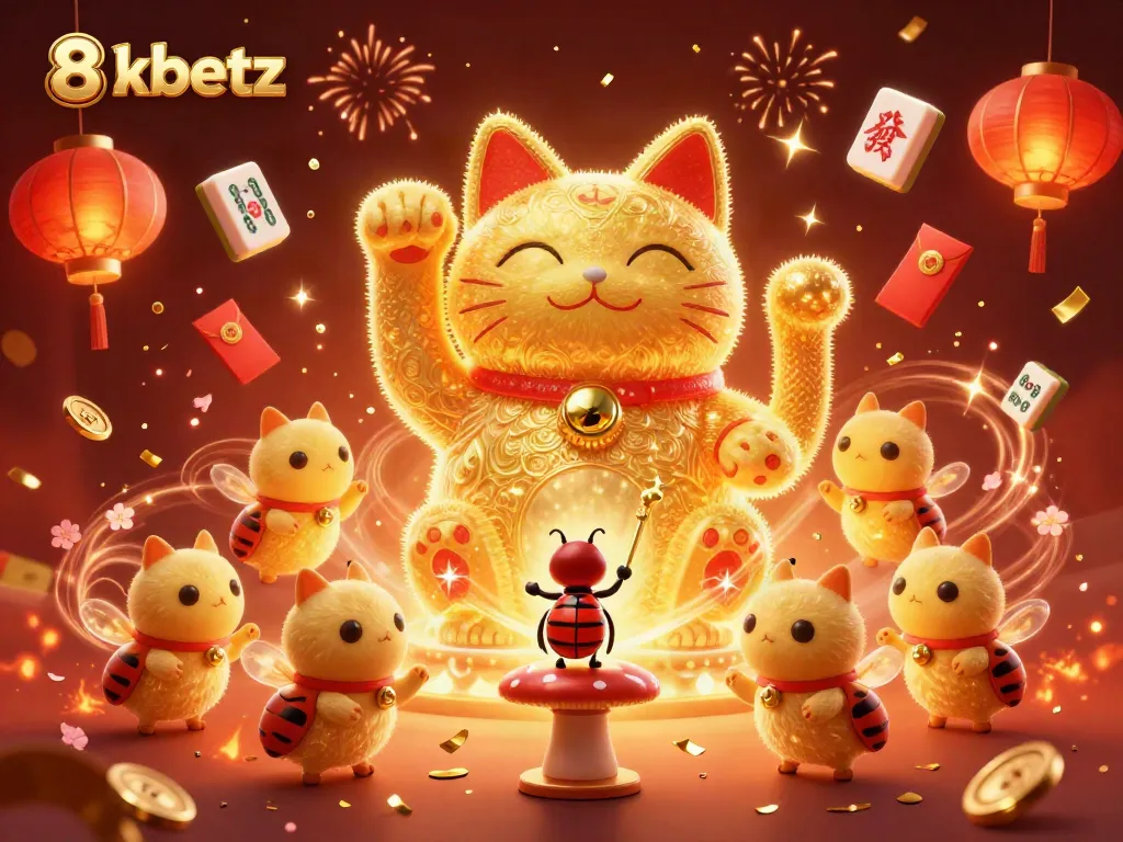 Experience the vibrant world of 8xbetz with a magical lucky cat and casino symbols.