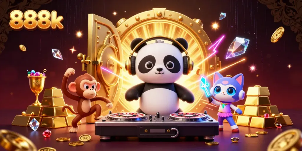 Engaging visual of 888k featuring a DJ panda and a breakdancing monkey in a vibrant casino scene.