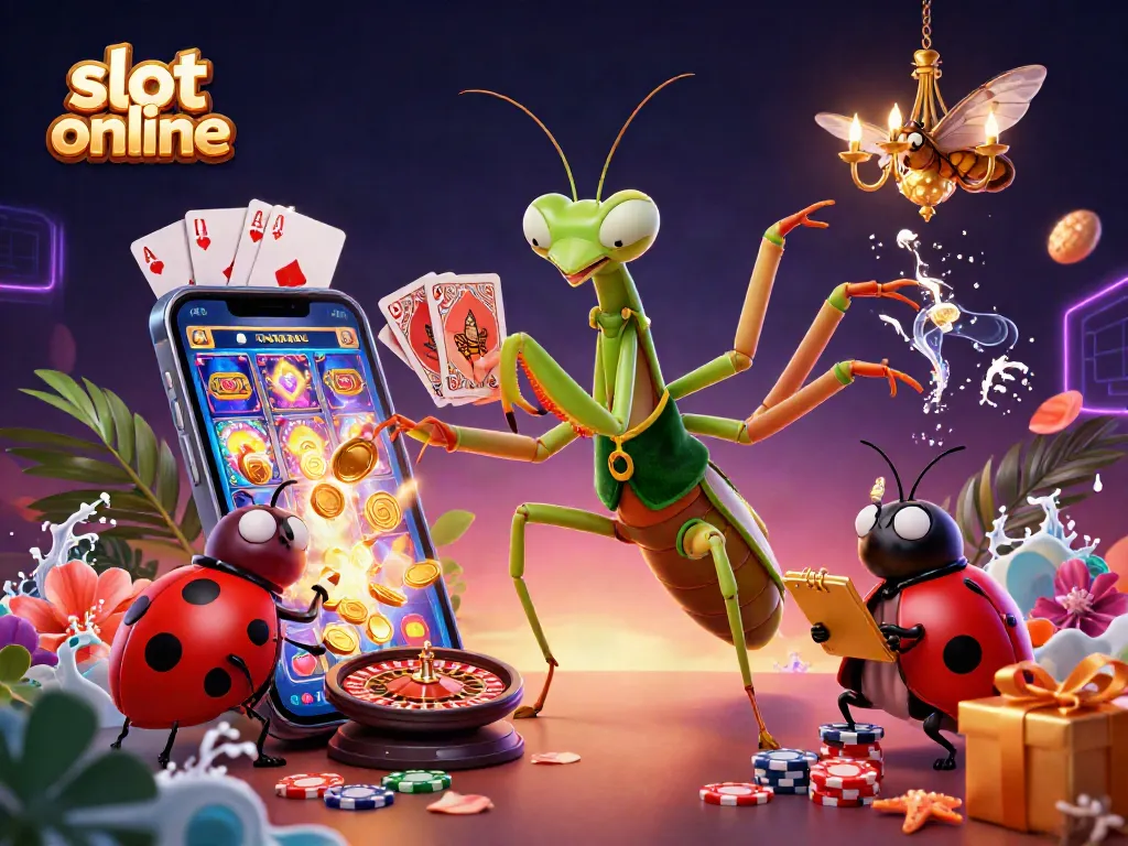Experience vibrant slot online excitement with this dynamic 3D illustration featuring a mantis, ladybug pit boss, and engaging gaming elements.