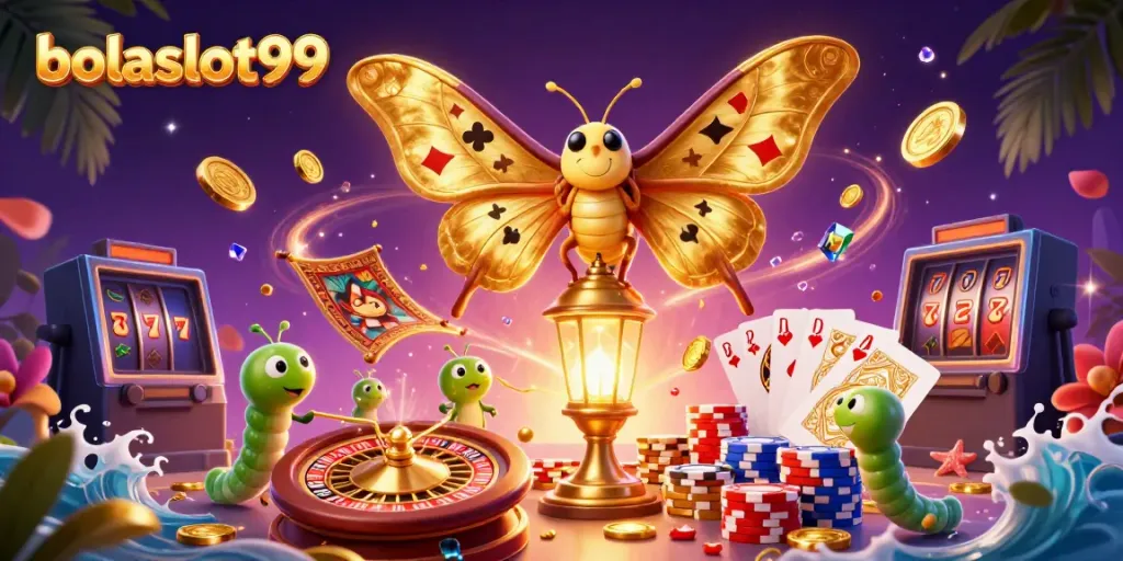 Experience the excitement of bolaslot99 with a vibrant 3D illustration of casino elements and a majestic moth.