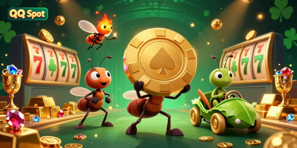 Experience the thrilling adventure of QQ Slot with vivid 3D ants and casino elements in action!
