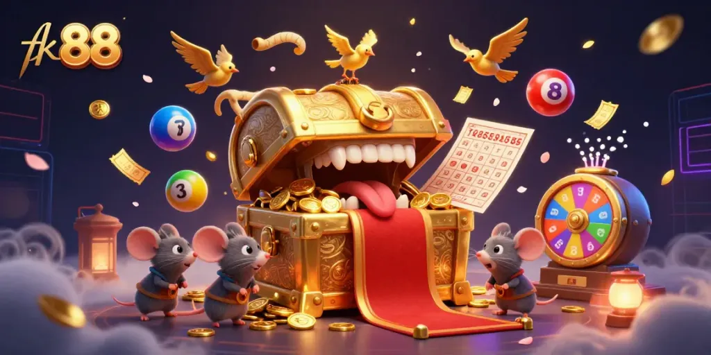 Engaging illustration showcasing tk 88's golden treasure chest attracting adventurer mice with vibrant gambling elements.