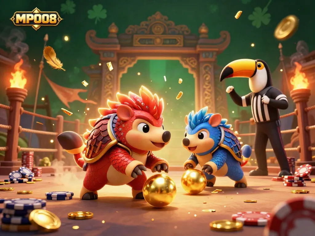 MPO08 inspired 3D illustration of rival pangolins in a vibrant casino scene with poker chips and confetti.