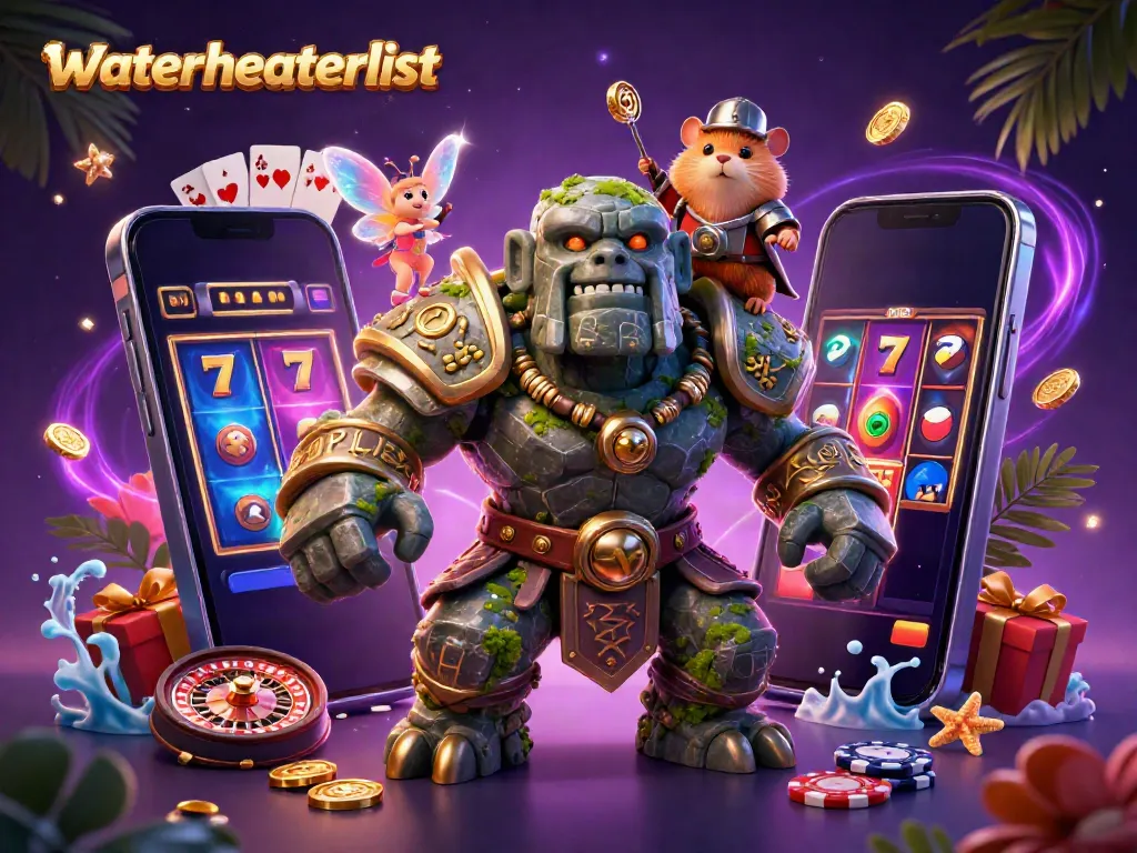 Experience the magical adventure at waterheaterlist with a stone golem, a fairy, and a hamster knight amidst vibrant casino elements.