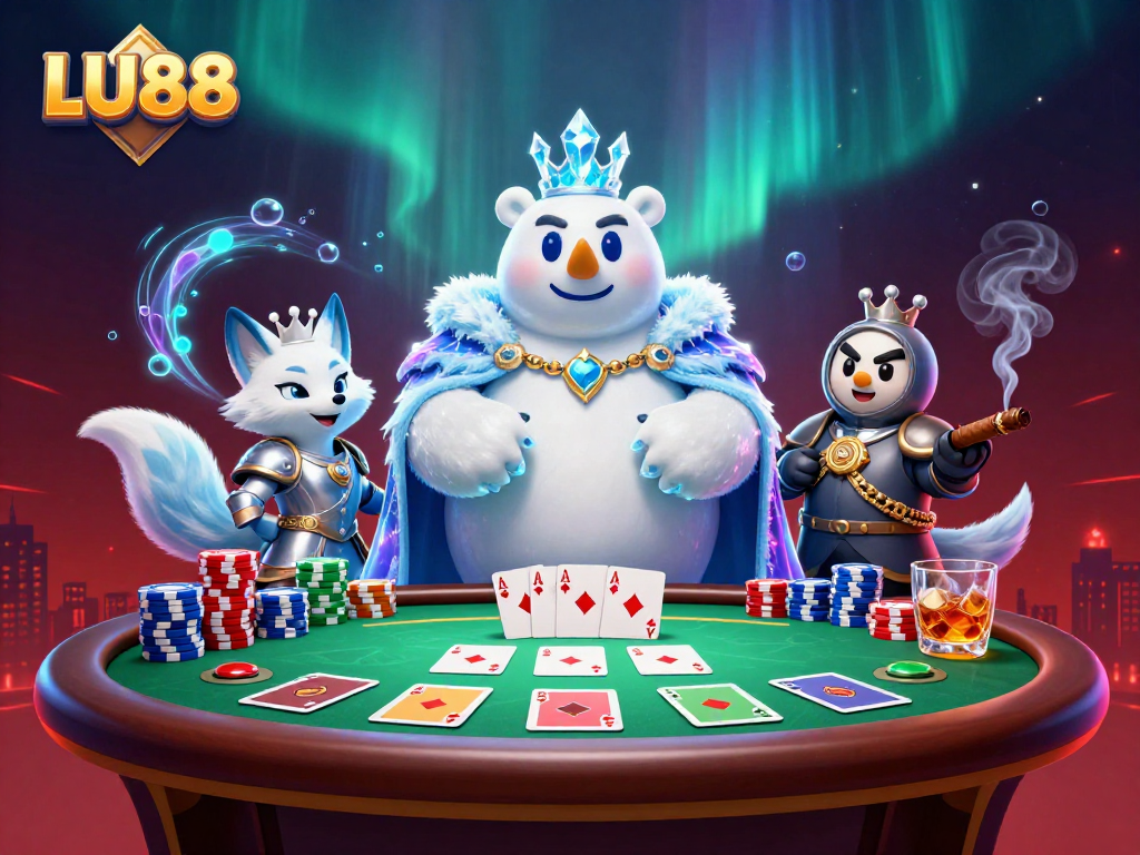 Experience thrilling poker action at LU88 with a 3D illustration featuring a polar bear and snow fox amidst vibrant casino elements.