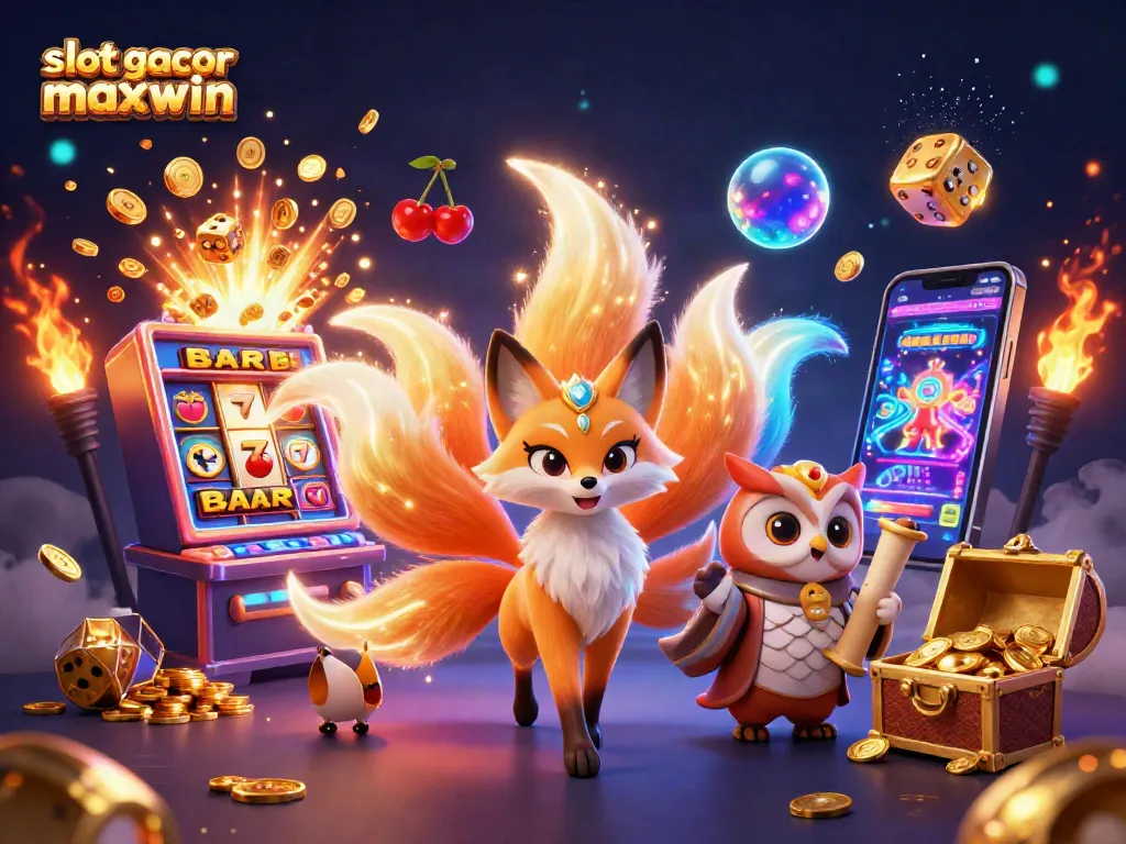 Engage with the slot gacor maxwin scene showcasing a nine-tailed fox and owl amidst dynamic casino elements and jackpots.