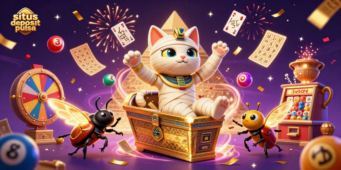 Experience situs deposit pulsa with a vibrant casino scene featuring a mummy cat and lottery elements.