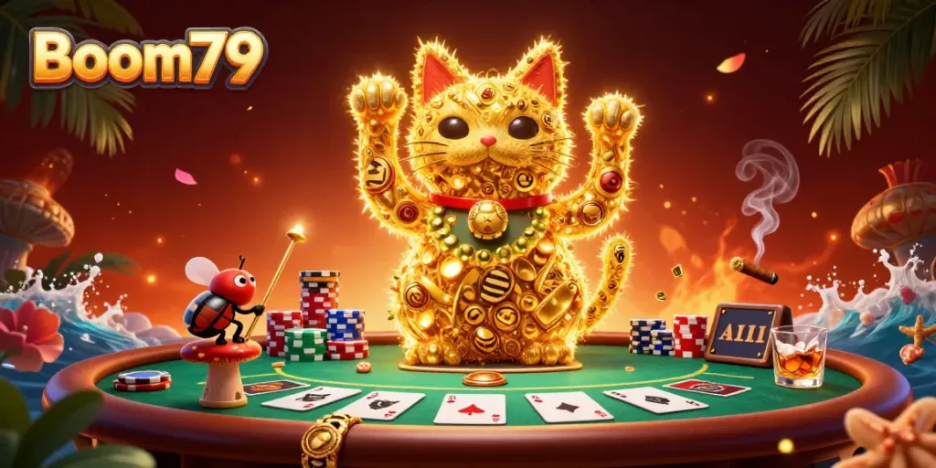 Experience thrilling casino gameplay with Boom79's golden firefly lucky cat in vibrant detail.