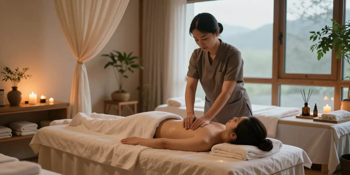 Relaxing 성북구출장안마 massage scene in a serene indoor spa with candles and soothing atmosphere.