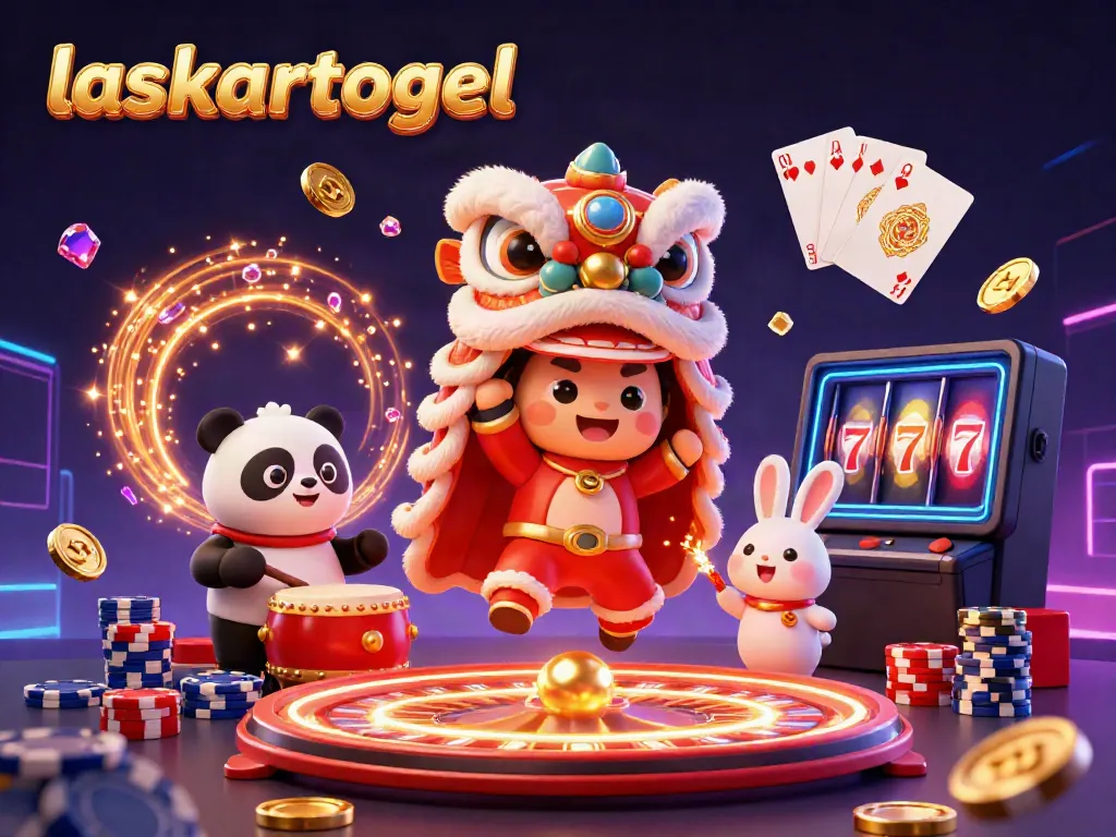 Experience excitement with laskartogel as a lively lion dance and casino elements fill the scene.