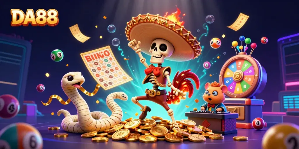 Celebrate with DA88 as a skeleton mariachi rooster dances on gold coins in a lively gambling scene.