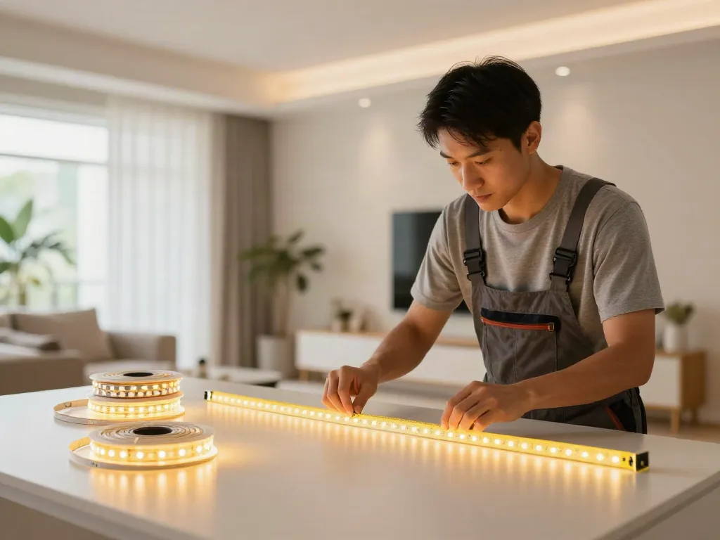 Instalare benzi LED de către un profesionist, iluminat de calitate și decor modern.