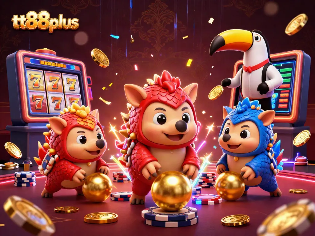Engage in thrilling slots at tt88plus with dynamic pangolins rolling through golden poker chips.